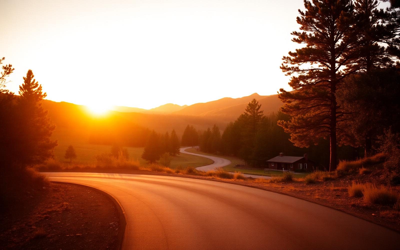 Golden hour road winding toward a lodge in the hills